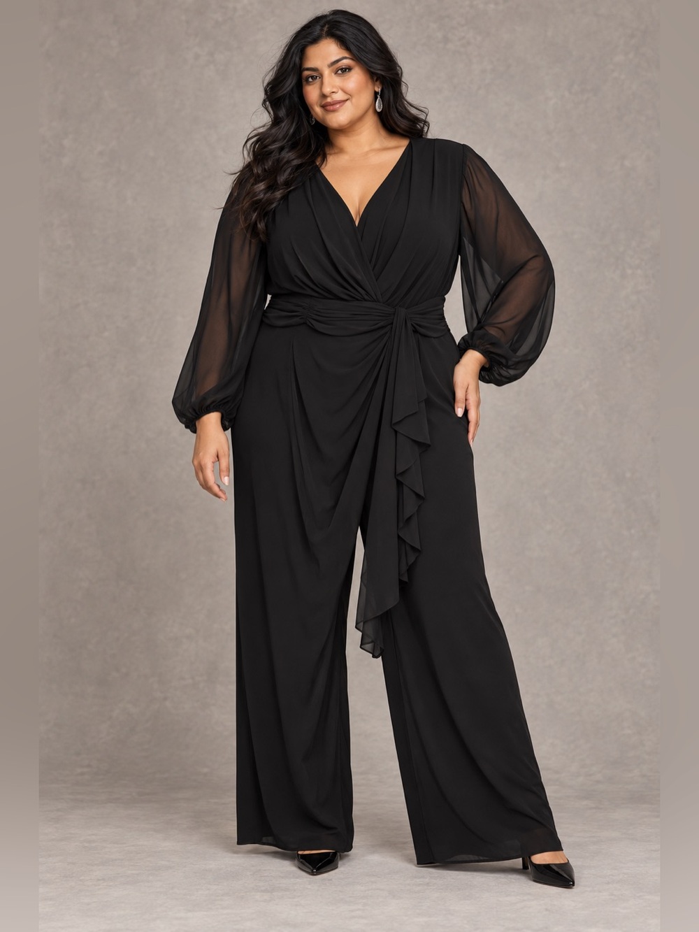 Adrianna Papell 30W Black V-Neck Chiffon Wide-Leg Jumpsuit Wedding Guest NWT